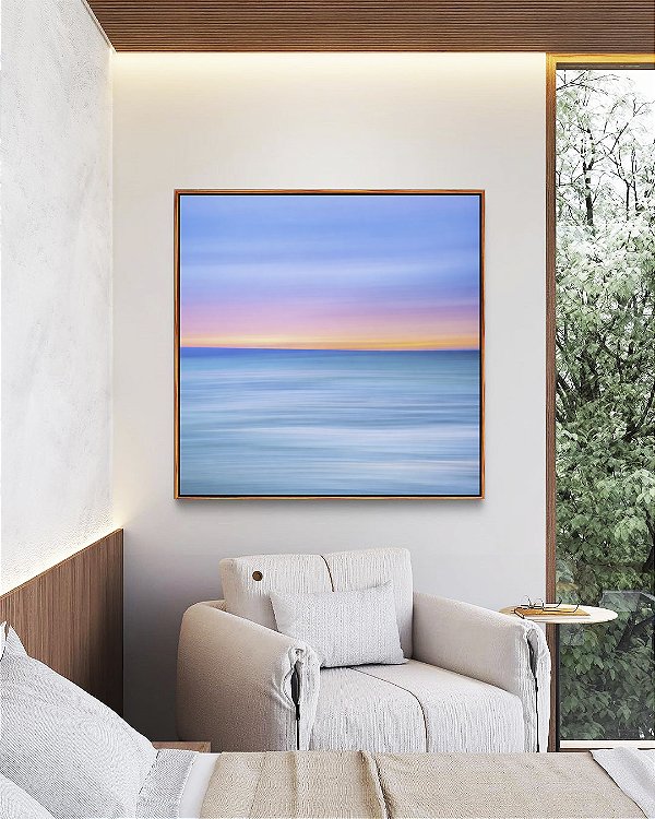 Quadro Quadrado Mar Azul Céu Pôr do Sol Rosa Efeito Movimento Canvas Moldura