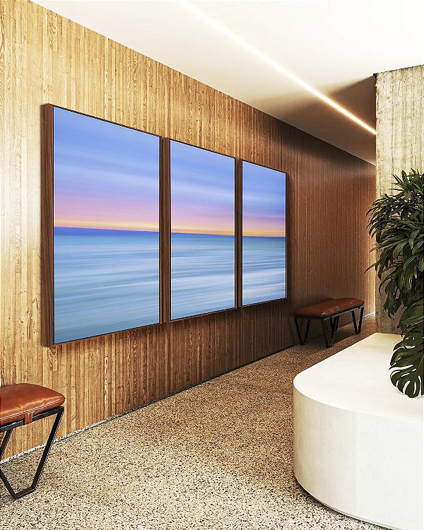 Trio de Quadros Mar Azul Céu Pôr do Sol Rosa Efeito Movimento Canvas Moldura