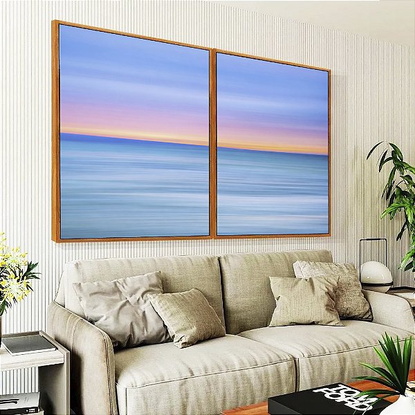 Duo de Quadros Mar Azul Céu Pôr do Sol Rosa Efeito Movimento Canvas Moldura