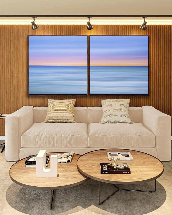 Duo de Quadros Quadrados Mar Azul Céu Pôr do Sol Rosa Efeito Movimento Canvas Moldura