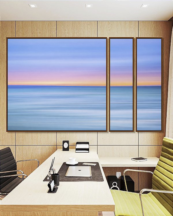 Trio de Quadros Estilizados Mar Azul Céu Pôr do Sol Rosa Efeito Movimento Canvas Moldura