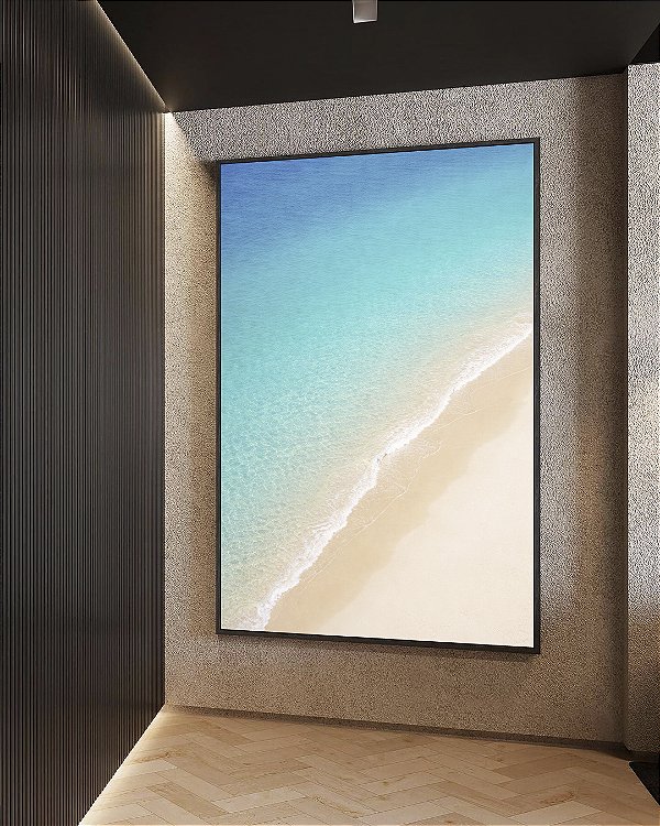 Quadro Vertical Praia Areia Branca Mar Azul Relaxante Canvas Moldura