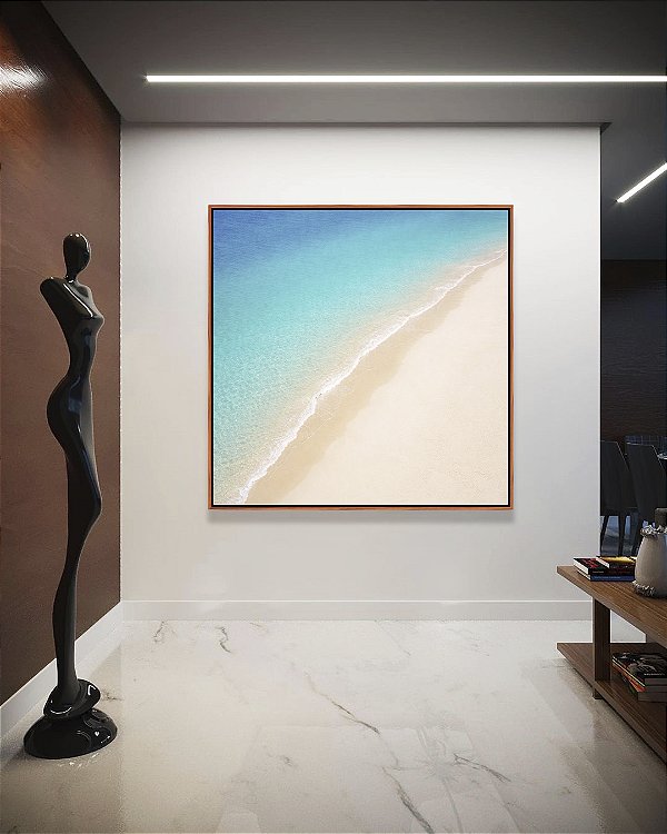 Quadro Quadrado Praia Areia Branca Mar Azul Relaxante Canvas Moldura