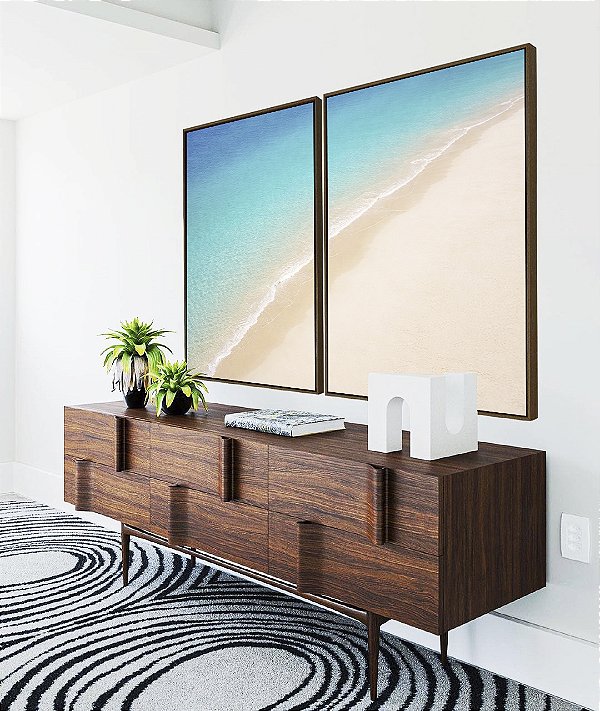 Duo de Quadros Praia Areia Branca Mar Azul Relaxante Canvas Moldura