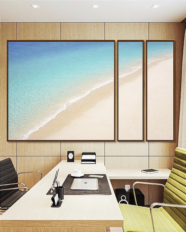 Trio de Quadros Estilizados Praia Areia Branca Mar Azul Relaxante Canvas Moldura