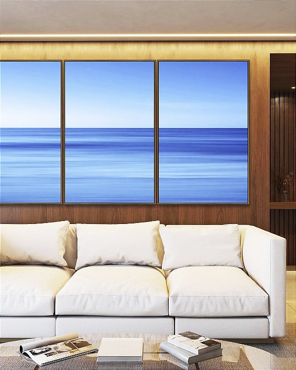 Trio de Quadros Mar Azul Calmo Céu Claro Efeito Movimento Canvas Moldura