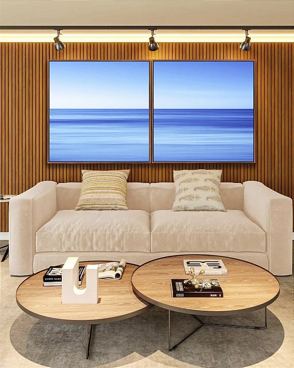 Duo de Quadros Quadrados Mar Azul Calmo Céu Claro Efeito Movimento Canvas Moldura