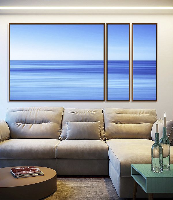 Trio de Quadros Estilizados Mar Azul Calmo Céu Claro Efeito Movimento Canvas Moldura