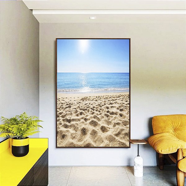 Quadro Vertical Luz do Sol Praia Mar Calmo Céu Claro Canvas Moldura