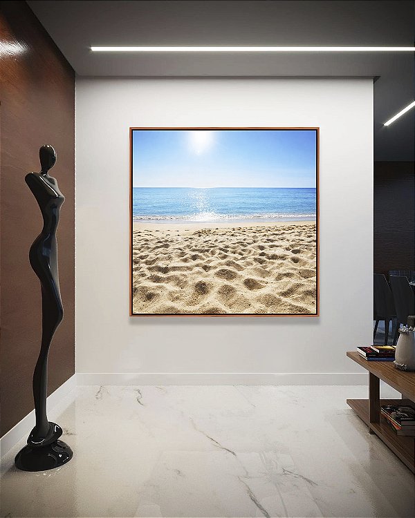 Quadro Quadrado Luz do Sol Praia Mar Calmo Céu Claro Canvas Moldura