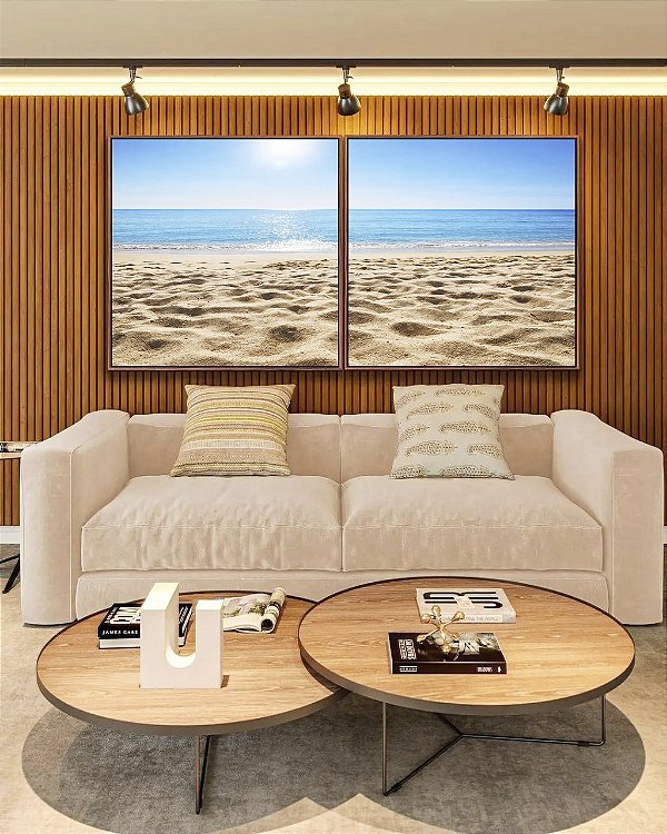 Duo de Quadros Quadrados Luz do Sol Praia Mar Calmo Céu Claro Canvas Moldura