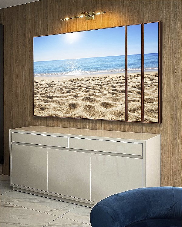 Trio de Quadros Estilizados Luz do Sol Praia Mar Calmo Céu Claro Canvas Moldura