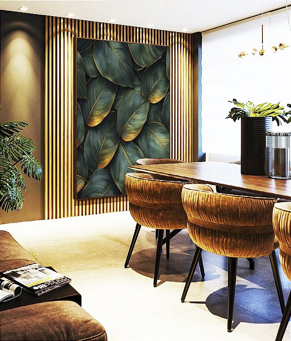 Quadro Vertical Folhas Plantas Verde Dourado Tropical Canvas Moldura