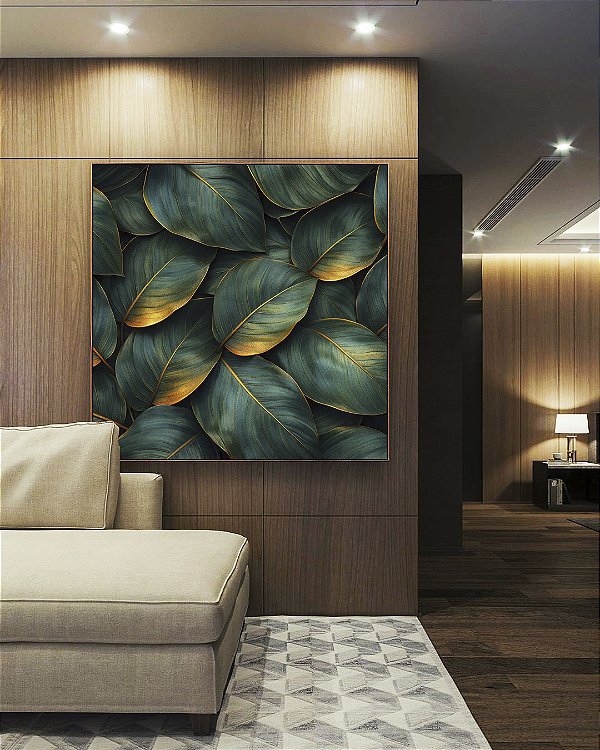 Quadro Quadrado Folhas Plantas Verde Dourado Tropical Canvas Moldura