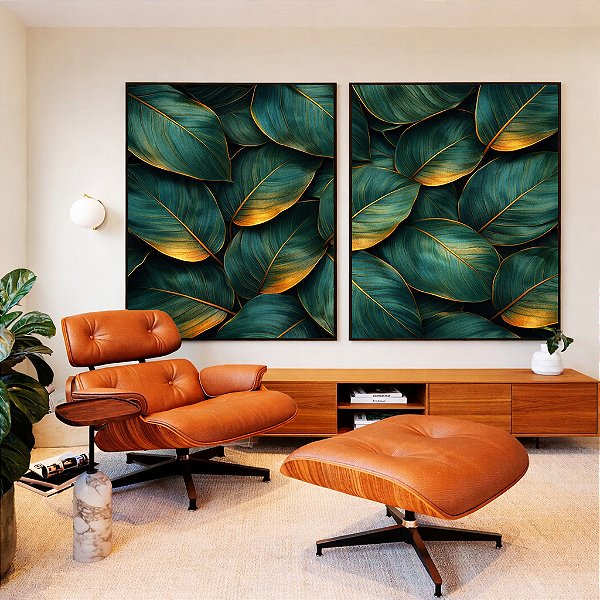 Duo de Quadros Folhas Plantas Verde Dourado Tropical Natureza Canvas Moldura