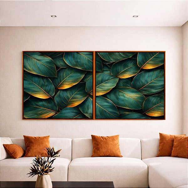 Duo de Quadros Quadrados Folhas Plantas Verde Dourado Tropical Natureza Canvas Moldura