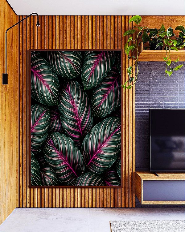 Quadro Vertical Folhas Plantas Verde Magenta Tropical Natureza Canvas Moldura