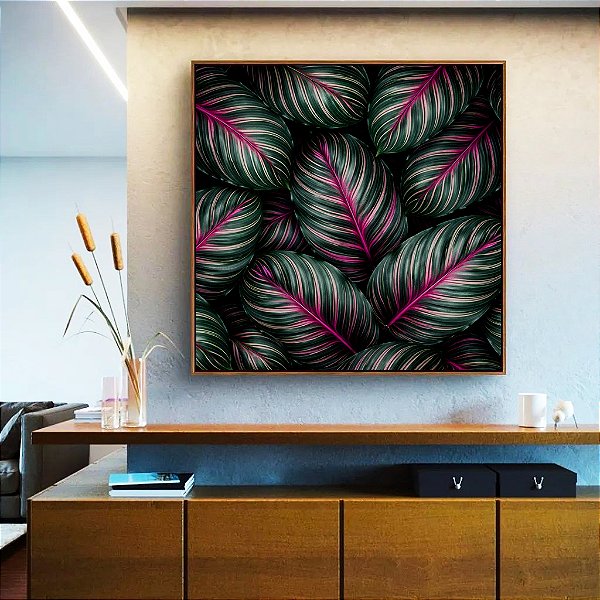 Quadro Quadrado Folhas Plantas Verde Magenta Tropical Natureza Canvas Moldura