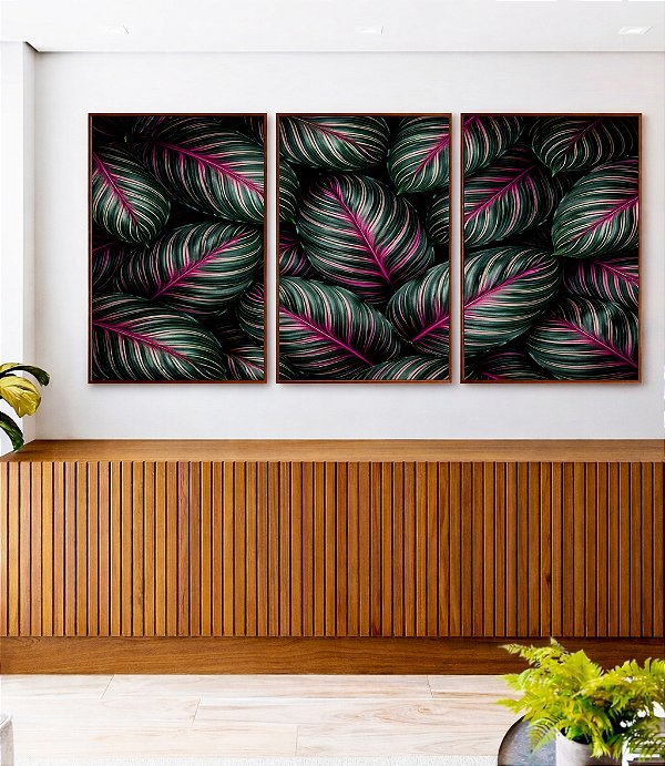 Trio de Quadros Folhas Plantas Verde Magenta Tropical Natureza Canvas Moldura