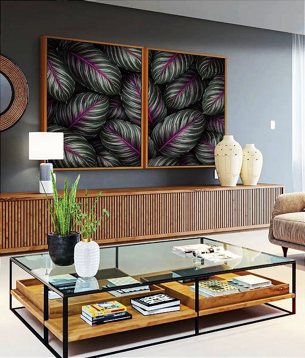 Duo de Quadros Folhas Plantas Verde Magenta Tropical Natureza Canvas Moldura
