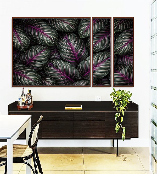 Trio de Quadros Estilizados Folhas Plantas Verde Magenta Tropical Natureza Canvas Moldura