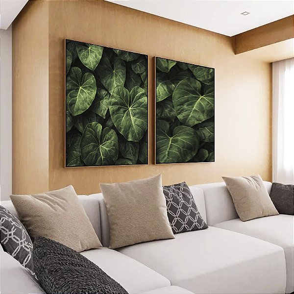 Duo de Quadros Folhagem Verde de Planta Antúrio Tropical Natureza Canvas Moldura