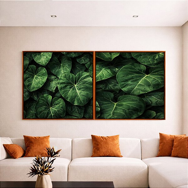 Duo de Quadros Quadrados Folhagem Verde de Planta Antúrio Tropical Natureza Canvas Moldura