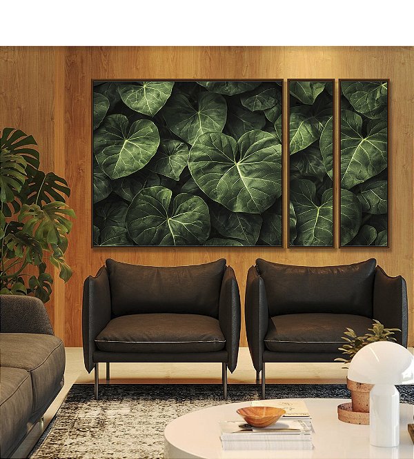 Trio de Quadros Estilizados Verde de Planta Antúrio Tropical Natureza Canvas Moldura