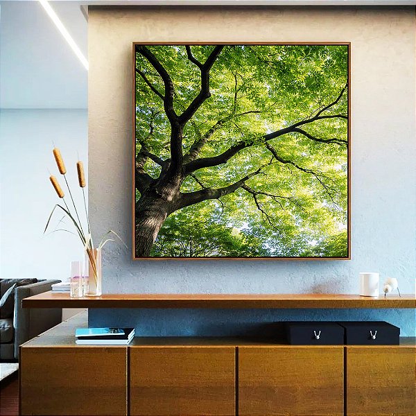Quadro Quadrado Árvore Folhas Verdes Vibrantes Natureza Canvas Moldura