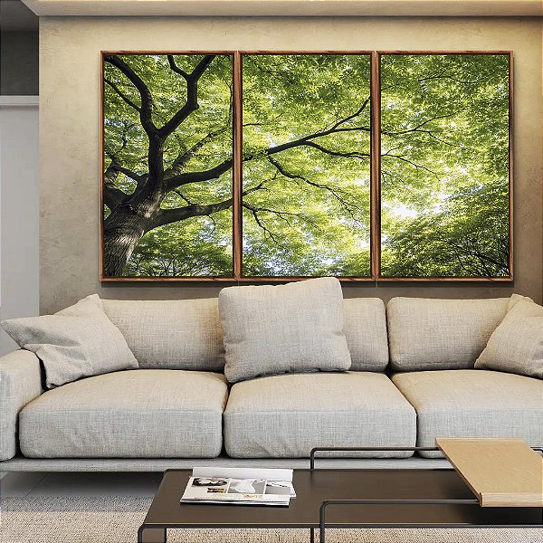 Trio de Quadros Árvore Folhas Verdes Vibrantes Natureza Canvas Moldura