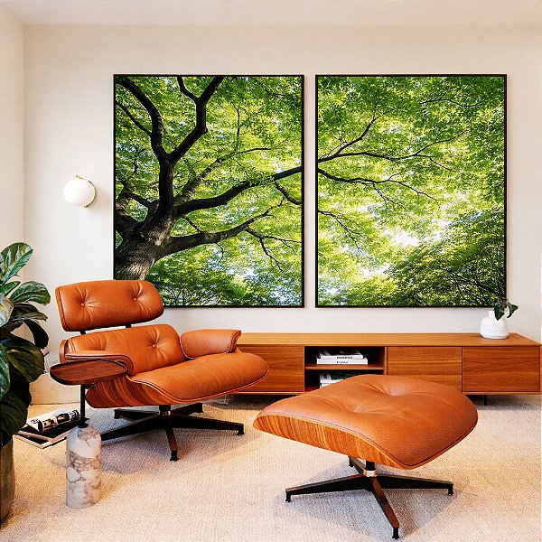 Duo de Quadros Árvore Folhas Verdes Vibrantes Natureza Canvas Moldura