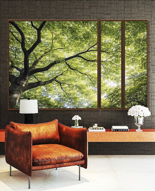 Trio de Quadros Estilizados Árvore Folhas Verdes Vibrantes Natureza Canvas Moldura