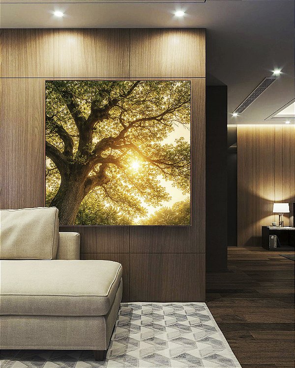 Quadro Quadrado Árvore Céu Luzes Douradas Sol Natureza Canvas Moldura