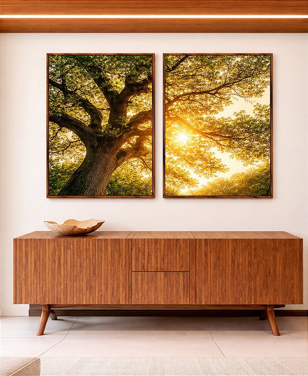Duo de Quadros Árvore Céu Luzes Douradas Sol Natureza Canvas Moldura