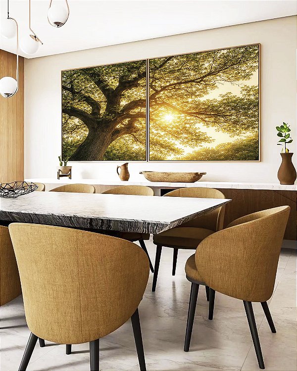 Duo de Quadros Quadrados Árvore Céu Luzes Douradas Sol Natureza Canvas Moldura