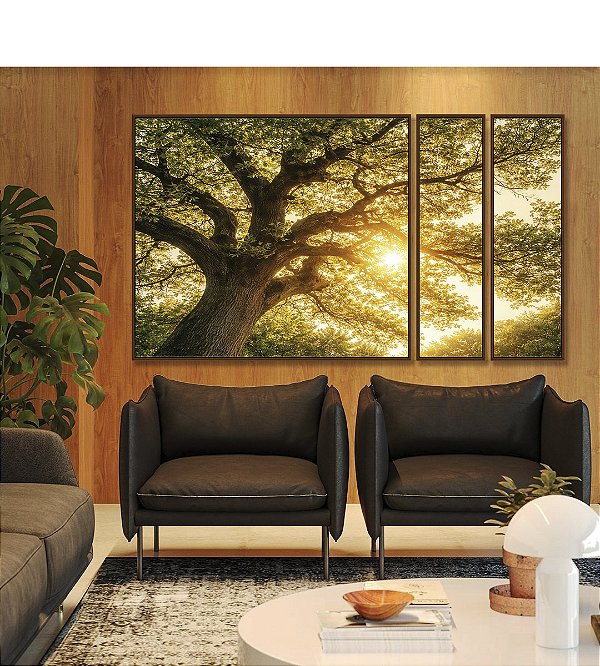 Trio de Quadros Estilizados Árvore Céu Luzes Douradas Sol Natureza Canvas Moldura