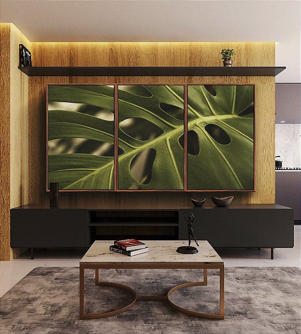 Trio de Quadros Costela de Adão Folha Planta Verde Natureza Canvas Moldura
