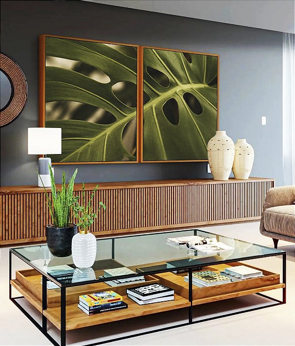 Duo de Quadros Costela de Adão Folha Planta Verde Natureza Canvas Moldura