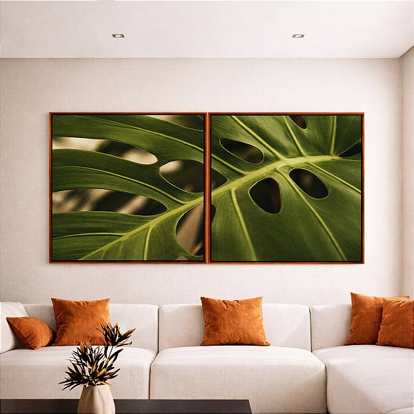 Duo de Quadros Quadrados Costela de Adão Folha Planta Verde Natureza Canvas Moldura