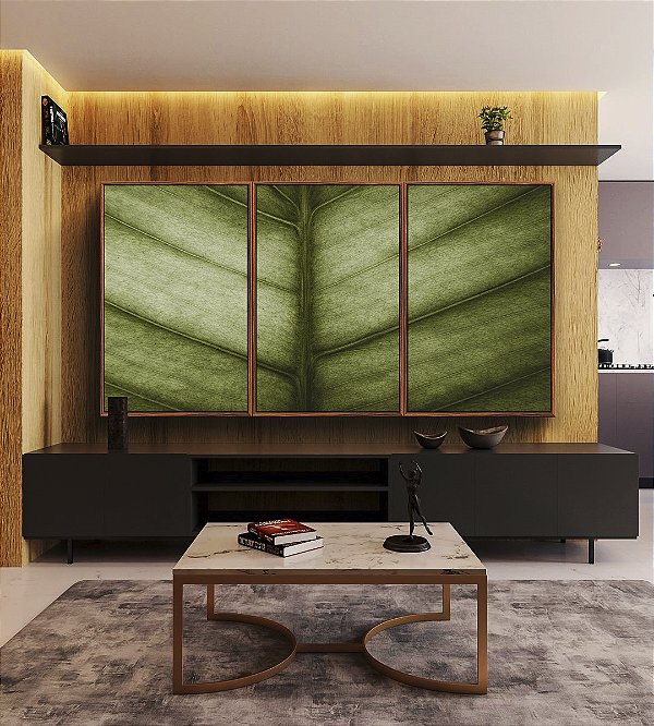 Trio de Quadros Folha Verde Textura Beleza Natural Folhagem Canvas Moldura