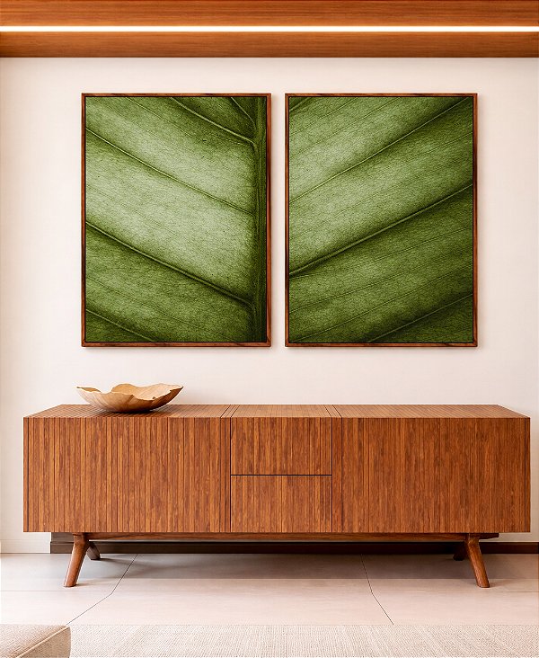 Duo de Quadros Folha Verde Textura Beleza Natural Folhagem Canvas Moldura