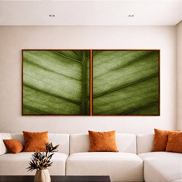 Duo de Quadros Quadrados Folha Verde Textura Beleza Natural Folhagem Canvas Moldura