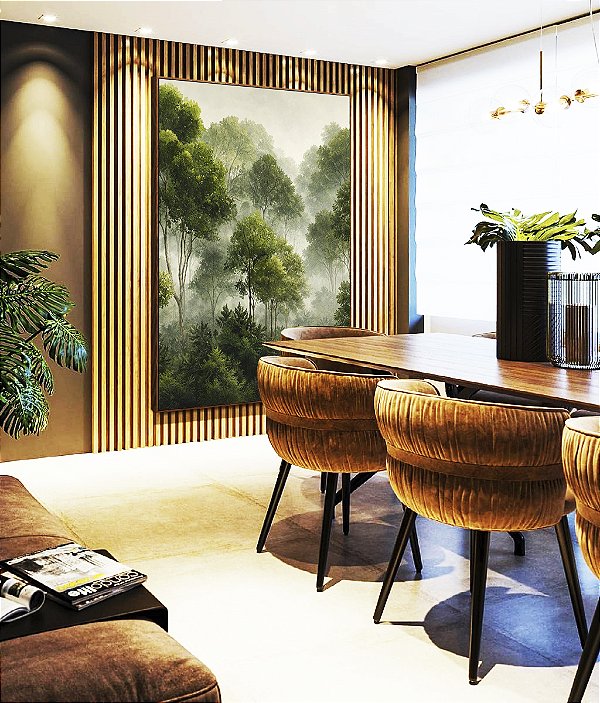 Quadro Vertical Floresta Árvores Verdes Neblina Natureza Canvas Moldura