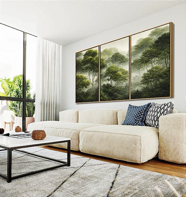 Trio de Quadros Floresta Árvores Verdes Neblina Natureza Canvas Moldura
