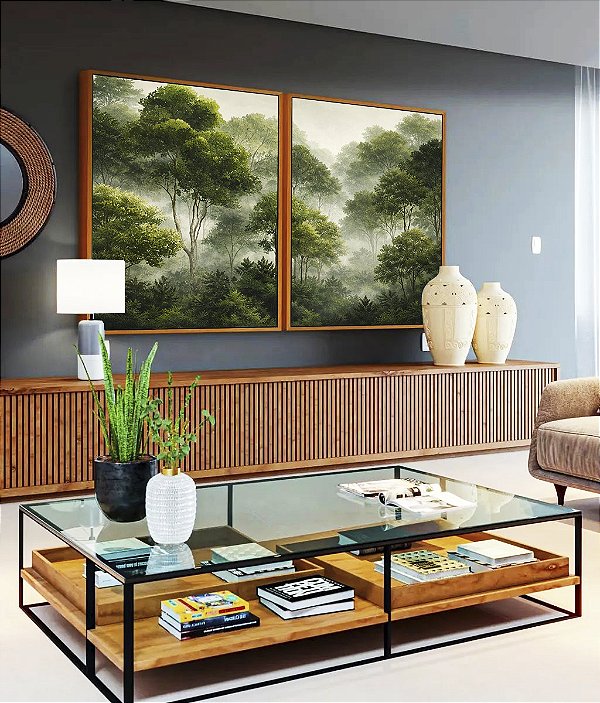Duo de Quadros Floresta Árvores Verdes Neblina Natureza Canvas Moldura