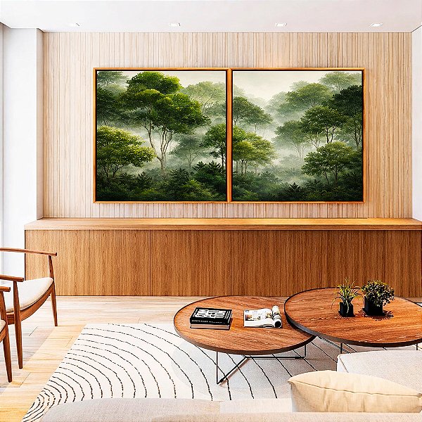 Duo de Quadros Quadrados Floresta Árvores Verdes Neblina Natureza Canvas Moldura