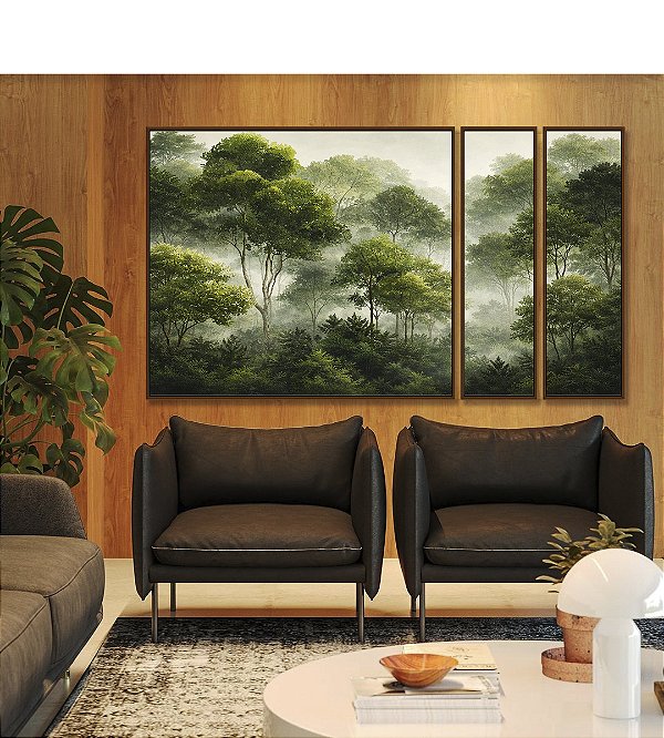 Trio de Quadros Estilizados Floresta Árvores Verdes Neblina Natureza Canvas Moldura