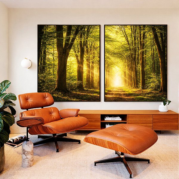 Duo de Quadros Caminho em Floresta Arco de Árvores Sol Canvas Moldura