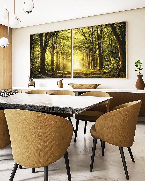 Duo de Quadros Quadrados Caminho em Floresta Arco de Árvores Sol Canvas Moldura