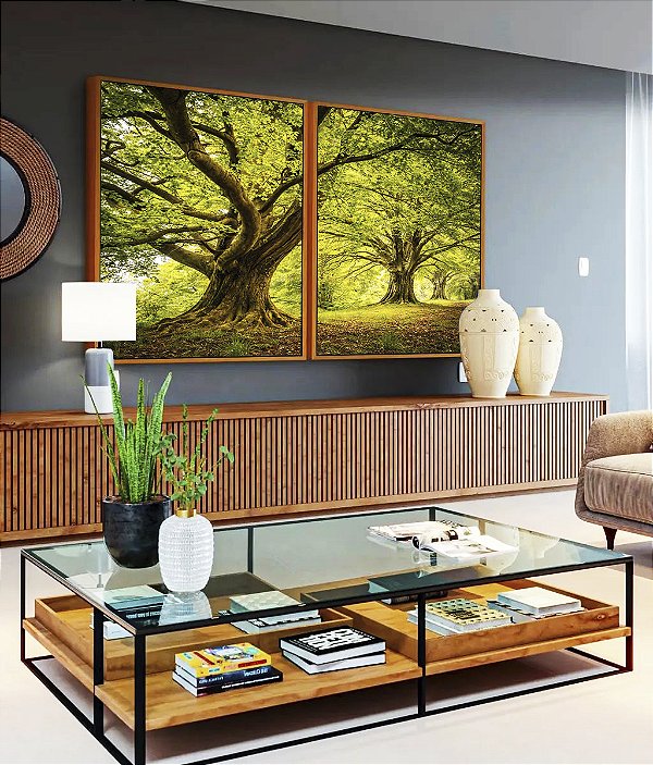 Duo de Quadros Árvores Em Floresta Natureza Folhas Claridade Natureza Canvas Moldura